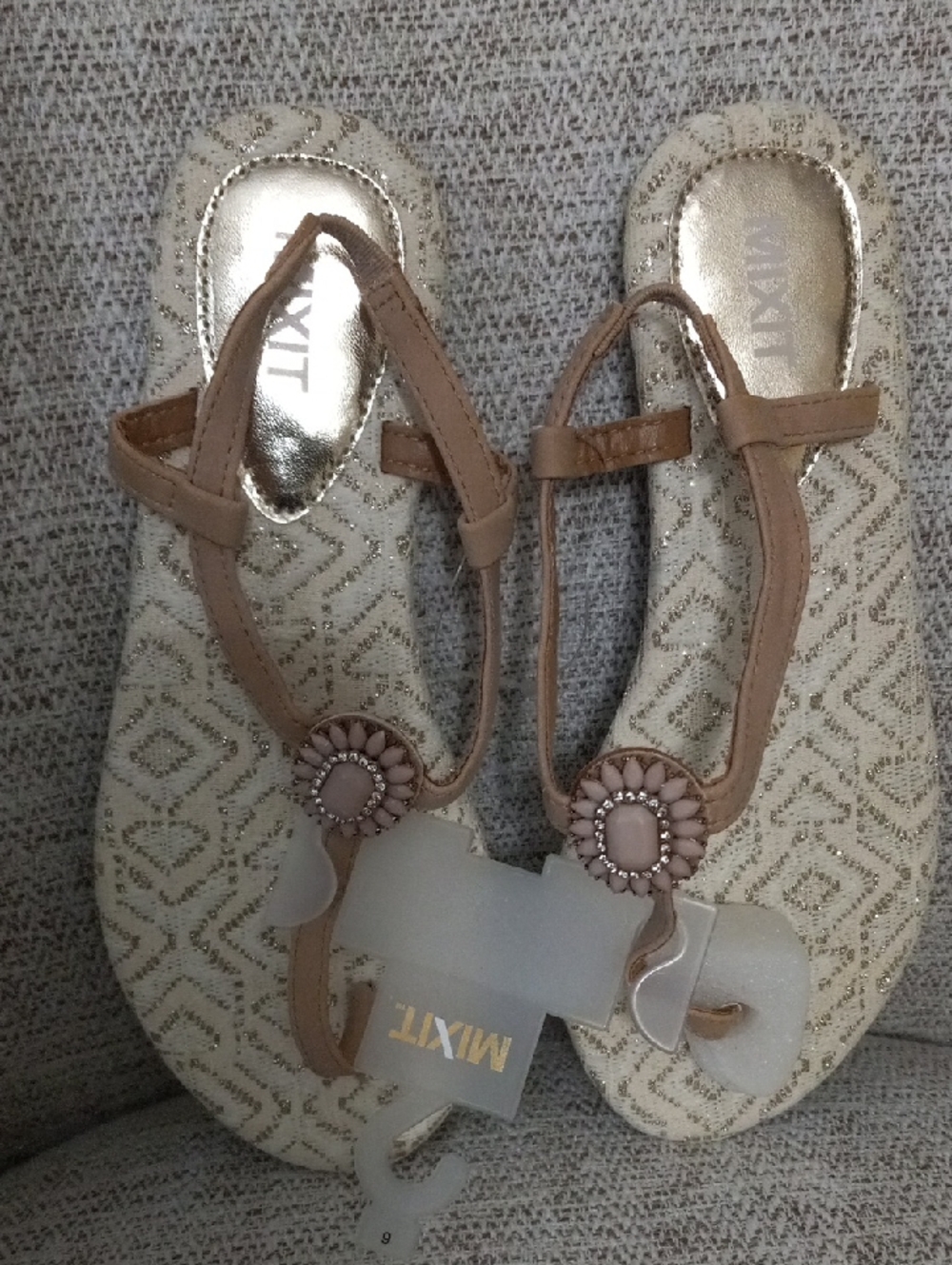 Mixit Women's Tan and Ivory Gem-Accent T-Strap Sandals
